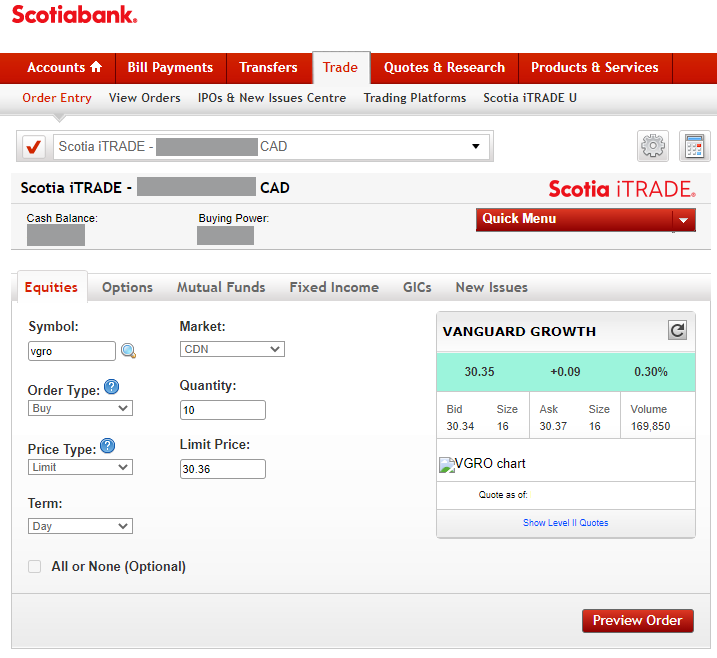 Scotia iTrade trading screen 1