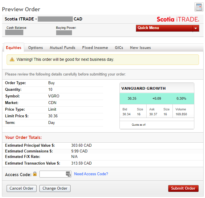 Scotia iTrade trading screen 2