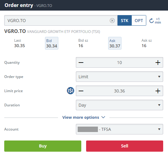 Questrade trading screen 1